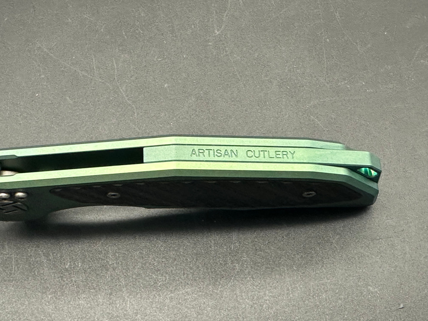 Artisan Cutlery Megahawk S35VN Wharncliffe, Green TI Handles w/CF Inlays