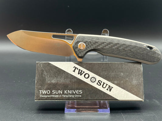 TWOSUN FOLDING KNIFE TITANIUM/CARBON FIBER HANDLE 14C28N PLAIN EDGE TS380