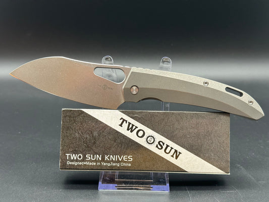 TWOSUN FOLDING KNIFE TITANIUM HANDLE D2 PLAIN EDGE STONEWASH FINISH TS376-D2-STONEWASH